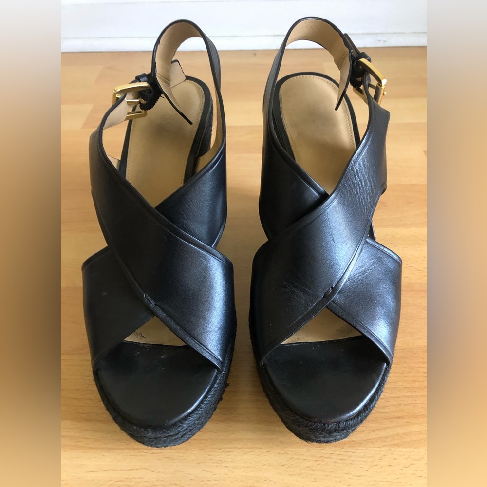 Michael Kors Black Leather Crisscross Wedge Sandals with Gold Buckle